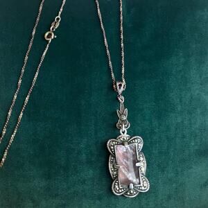 Antique Art Deco Sterling Silver Rose Quartz & Marcasite Pendant Necklace